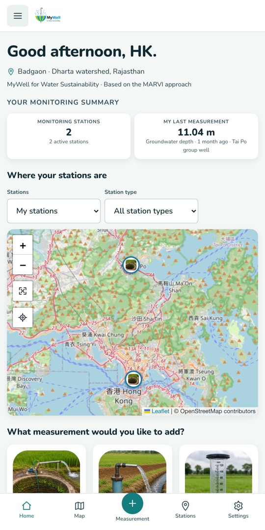 MyWell home screen showing a monitoring summary and station map